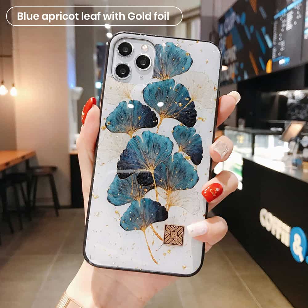 bulk phone case in blue apricot leaf with gold leaf